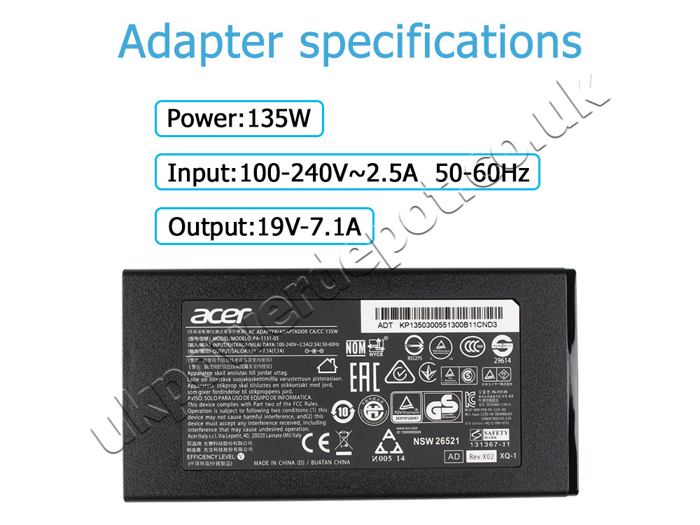 135W AC Adapter Charger Acer Aspire V17 Nitro VN7-792G + Cord